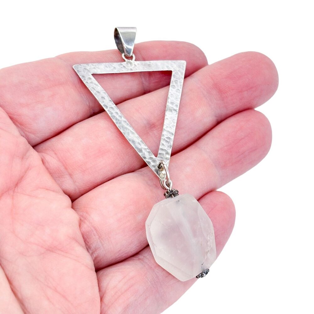 Vintage Sterling Silver 925 Hammered Triangle & Raw Quartz Pendant